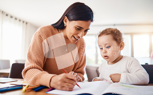 Image of Learning, education and mother with kid drawing in book in home for studying, homework or homeschool. Early development, growth and creative boy with happy mama teaching him art, bonding and care.