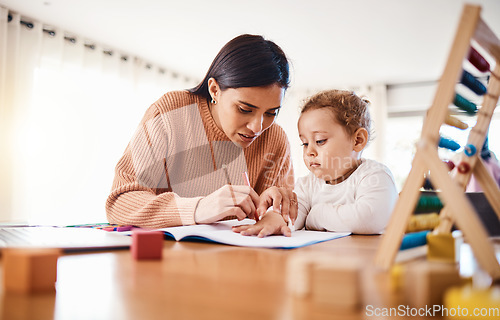 Image of Education, learning and mother with child drawing in book in home for studying, homework or homeschool. Early development, growth and creative boy with mama teaching him art color, bonding and care.
