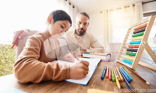 Image of Learning, math education and father with child in home with book for studying, homework or homeschool. Development, growth and boy or kid with man teaching him how to count, numbers and writing.