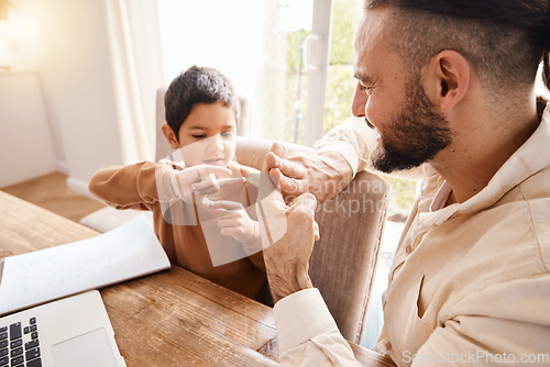 Image of Learning, education and father with kid for sign language in home for homeschool. Development care, growth and deaf boy with hearing disability, bonding and happy man teaching him asl hand gestures.