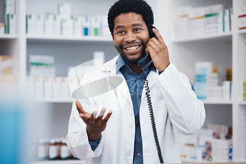 Image of Pharmacist, black man or phone call in patient help, customer consulting or telehealth medicine service in drugstore. Smile, happy or talking pharmacy worker on telephone in healthcare product advice