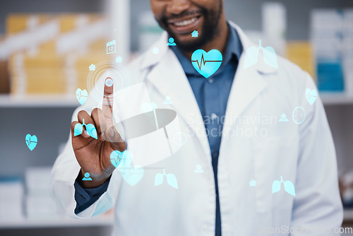 Image of Pharmacist, hand or medical hologram for medicine research, planning or interactive consulting help. Smile, happy or black man finger in pharmacy abstract, 3d interactive software or healthcare trust