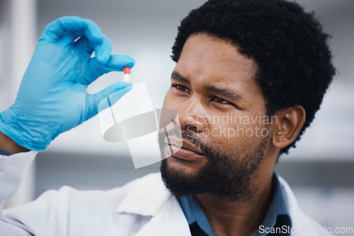 Image of Black man, pharmacist or holding pills in research, medical healthcare or wellness innovation in laboratory clinic or hospital study. Pharmacy, worker or employee with medicine drugs or product help