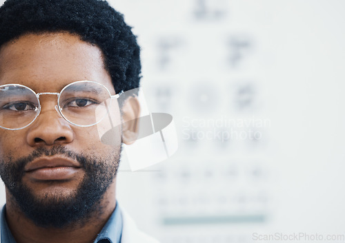 Image of Black man, portrait or glasses for eyes care, healthcare wellness or optometry help in retail store or shop. Zoom, face or customer with eyecare, prescription designer lens or vision frame mock up