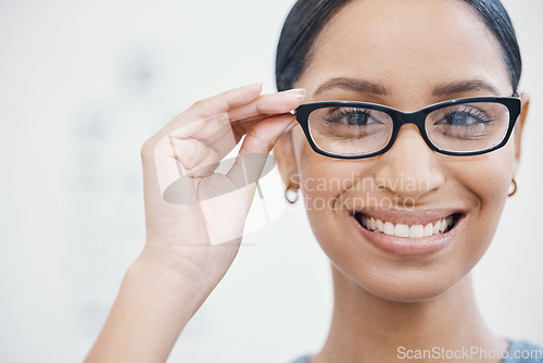 Image of Woman, portrait or glasses for eyes care, healthcare wellness or optometry help in retail store, shop or clinic. Smile, happy or customer face with eyecare, prescription designer lens or vision frame