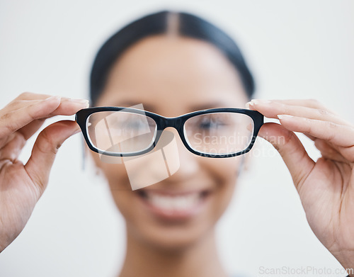 Image of Customer, hands or glasses in eyes care, healthcare wellness or optometry help at retail store, shop or medical clinic. Zoom, patient or woman with eyewear, prescription lens or designer vision frame