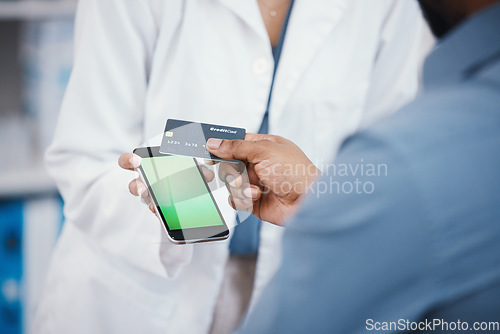 Image of Pharmacist, credit card and phone green screen for payment, medicine purchase or medical finance for life insurance mockup. Zoom, patient and customer with banking technology, NFC or pharmacy woman