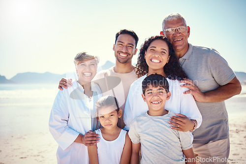 Image of Portrait, love and family on beach, summer vacation and happiness on break, relax and quality time. Face, grandparents and mother with father, children and seaside holiday for adventure and journey