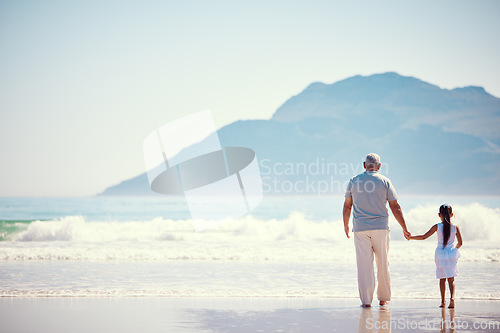 Image of Holding hands, relax and grandfather with child at beach for holiday, bonding and vacation mockup. Affectionate, travel and happiness with old man and girl walking for summer break, fun and support