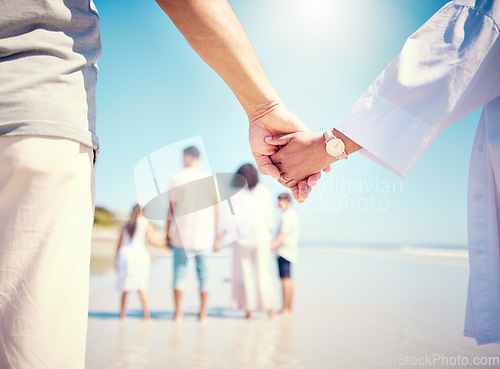 Image of Walk, support and a child and mother holding hands at the beach for trust, love and care in Spain. Family, together and mom and kid with affection at the ocean while walking during a holiday
