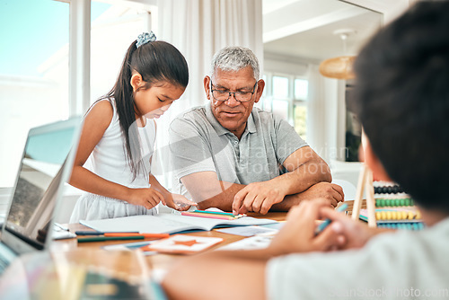 Image of Education, learning and family together with homework, academic material and senior man with children studying. Grandfather helping kids, learn and development with growth, study and school