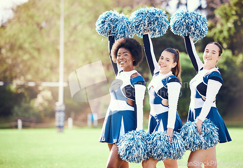 Image of Portrait, cheerleading and mockup with sports women on a field for motivation during a competitive game. Teamwork, support and diversity with a woman cheerleader group on a pitch for a sport event