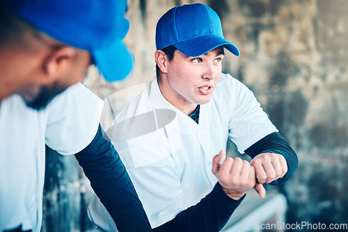 Image of Game plan, baseball player and man explaining pitch and softball hit in a sports dugout. Conversation, team communication and young person having a sport discussion for teamwork collaboration