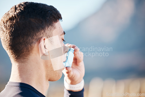 Image of Asthma, inhaler and fitness with a runner man outdoor on mockup for cardio or endurance training. Breathing, tired and lungs with an exhausted athlete struggling to breath while running for exercise