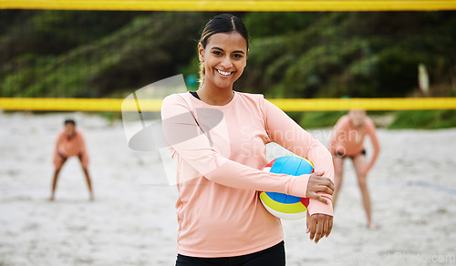 Image of Volleyball, beach or portrait of sports girl playing a game in training or fitness workout with team. Face, smile or happy woman with friends on sand ready to start a fun competitive match in Brazil