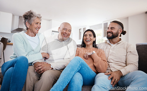 Image of Portrait, happy family and relax on a sofa, laughing and bonding in a living room together. Seniors, retirement and weekend visit by man and woman with mature parents, carefree and fun at home