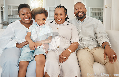 Image of Happy, smile and portrait of a black family on a sofa relaxing, resting or bonding together. Happiness, love and African boy child sitting with his mother and grandparents on a couch in living room.