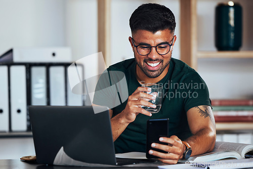 Image of Business, happy and man drinking water with a phone for communication, social media and a meme. Smile, working and employee reading a funny chat, message or notification on a mobile app with a drink