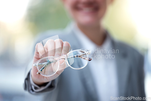 Image of Frame, optometry and hands with glasses for eyes for eye exam, vision testing and optician store. Ophthalmology, medical and woman holding prescription lens for choice, selection and optical care