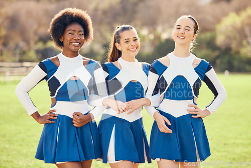 Image of Cheerleader, teen girl team and portrait outdoor, athlete group and fitness, uniform and diversity with smile. Exercise, competition and school event, collaboration and happy young female with sports