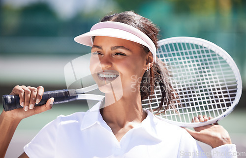 Image of Sports, tennis and black woman outdoor, happiness and success with training, workout and wellness. Female player, lady and athlete on court, racket and practice for match, competition and healthy