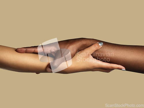 Image of Hands, diversity and support with people in studio on a brown background for unity or solidarity. Team building, partnership and trust with women holding arms in collaboration for help, care or love