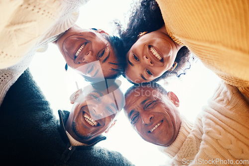 Image of Smile, huddle and portrait of a family with support, motivation and together in nature. Happy, love and group of parents with man and woman for love, solidarity and trust in a connection with embrace