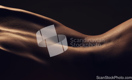 Image of Naked back skin, silhouette and dark aesthetic with health, shadow and creative erotic by black background. Nude skincare, cosmetics and anatomy with wellness, glow and art deco with sexy creativity