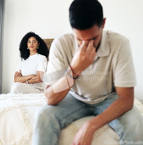 Image of Divorce, sad and couple breakup or fighting in a bedroom unhappy with relationship due o cheating in a home or house. Woman, man or people with stress arguing in sadness due to infidelity
