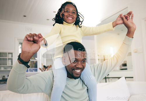 Image of Black family, home and dad having fun with a child on a living room sofa with happiness. Father bonding, parent love and support of a kid with a smile and father in a house with lens flare in lounge