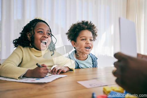 Image of Parents help children with homework, school activity and learning at desk with paper, drawing and lesson cards. Black family, education and happy boy and girl smile for creative teaching at home