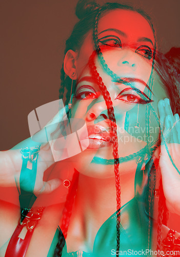 Image of Portrait, overlay and woman with creativity, aesthetic and double exposure on brown studio background. Face, female punk and lady with neon lights, special effects and artistic style with confidence