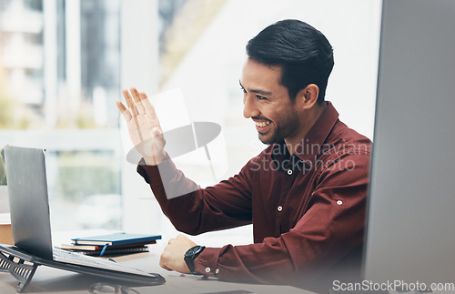 Image of Wave, video call and laptop with man in office for conference, online meeting and webinar. Planning, webcam and internet with employee for virtual communication, conversation and technology