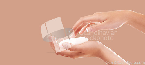 Image of Skincare, soap and zoom on washing hands on studio background mockup, product placement and advertising. Cleaning, hygiene and protection from germs, bacteria and organic natural skin care safety.