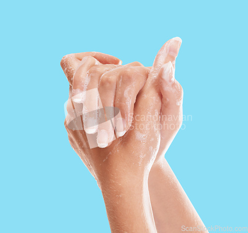 Image of Washing, soap and hands of woman in studio for hygiene, sanitary and disinfection. Cleaning, foam and dermatology with person and bubbles for wellness, natural and health isolated on blue background