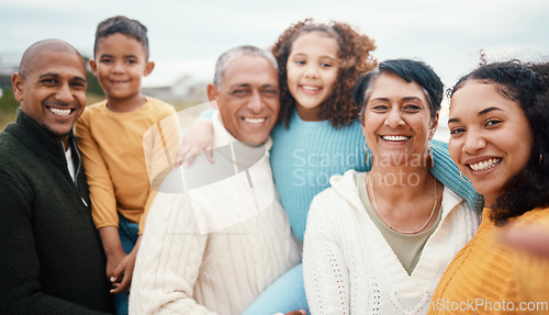 Image of Family, portrait and selfie at a beach by children, parents and grandparents bonding in nature. Face, love and kids with mother, father and seniors at the sea for travel, photo and vacation in Miami