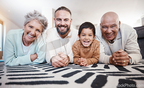 Image of Happy family, portrait and living room floor in a home with a smile from bonding together. Happiness, bonding and love of senior people, father and child on a house carpet with grandma and kid