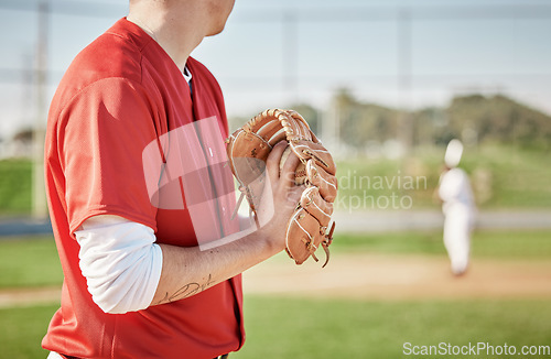 Image of Baseball, glove and pitch with a sports man on a field during a competitive game outdoor during the day. Fitness, event and pitching with a male athlete playing a match in sportswear outside