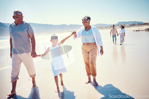 Image of Relax, travel and holding hands with big family on beach for vacation, summer break and generations. Happiness, holiday and bonding with grandparents and children walking for love, rest and trip