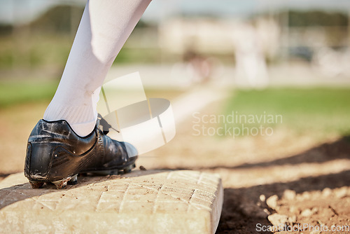 Image of Sports, baseball and plate with shoe of man on field for training, fitness or home run practice. Workout, games and pitching with athlete playing at park stadium event for tournament, match or action