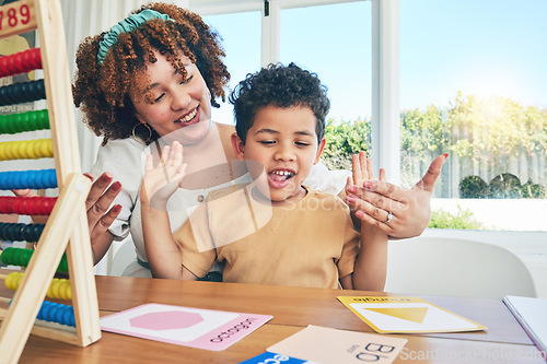 Image of Learning, happy and education with mother with son study for home schooling, kindergarten and tutor. Teaching, child development and lesson with black woman and child for language, math and creative