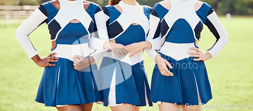 Image of Cheerleader, teen girl team and outdoor, athlete and fitness with squad in uniform and support. Exercise, competition and school event, collaboration and female with sports, teamwork and cheerleading