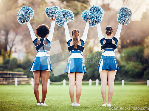 Image of Cheerleader, teen girl team and cheers outdoor, athlete group and fitness, uniform and diversity with back. Exercise, competition and arms raised, collaboration and pom pom, female and sports event