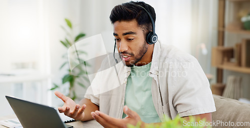 Image of Consulting, remote work and call center worker with a laptop for online advice and conversation. Contact us, explaining and man speaking for customer service, support and telemarketing on a computer