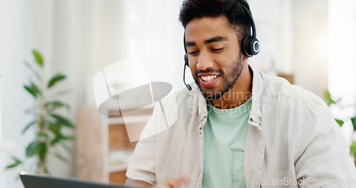 Image of Explaining, remote work and call center worker with a laptop for online advice and conversation. Contact us, consultant and man speaking for customer service, support and telemarketing on a computer