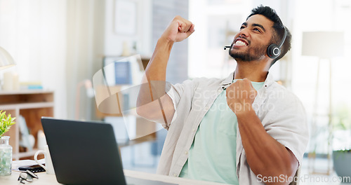 Image of Success, win and call center worker with a laptop to celebrate a target, goal or bonus in remote work. Winning, excited and customer service agent cheering for good news, email and telemarketing