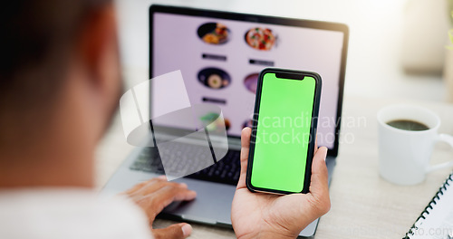 Image of Phone, laptop food menu and man scroll on sushi restaurant website, ecommerce homepage and search for takeaway delivery. Mobile green screen, mockup product placement and customer online shopping
