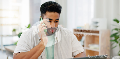 Image of Phone call, work from home and man with remote job opportunity, freelance project and discussion online. Entrepreneur or indian person talking on smartphone, working on laptop and virtual planning