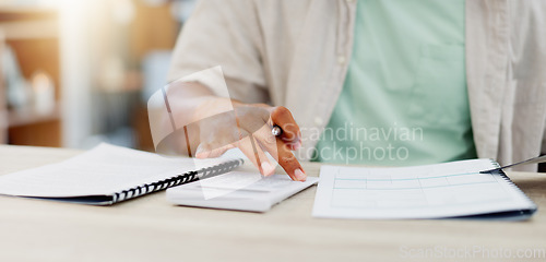 Image of Budget, paperwork and calculator with man hands writing for accounting, debt review and tax management or calculating. Financial report, documents and person with mortgage, bills and finance strategy