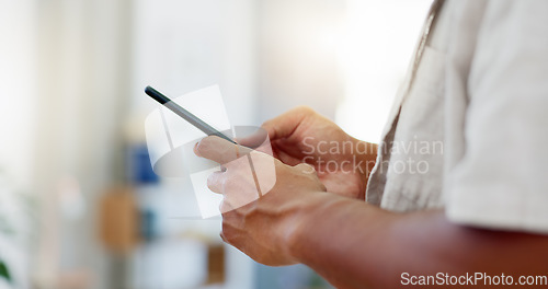 Image of Closeup, man and hands with smartphone, typing and connection for social media, texting and email. Zoom, hand and cellphone for texting, signal and online reading for information and communication